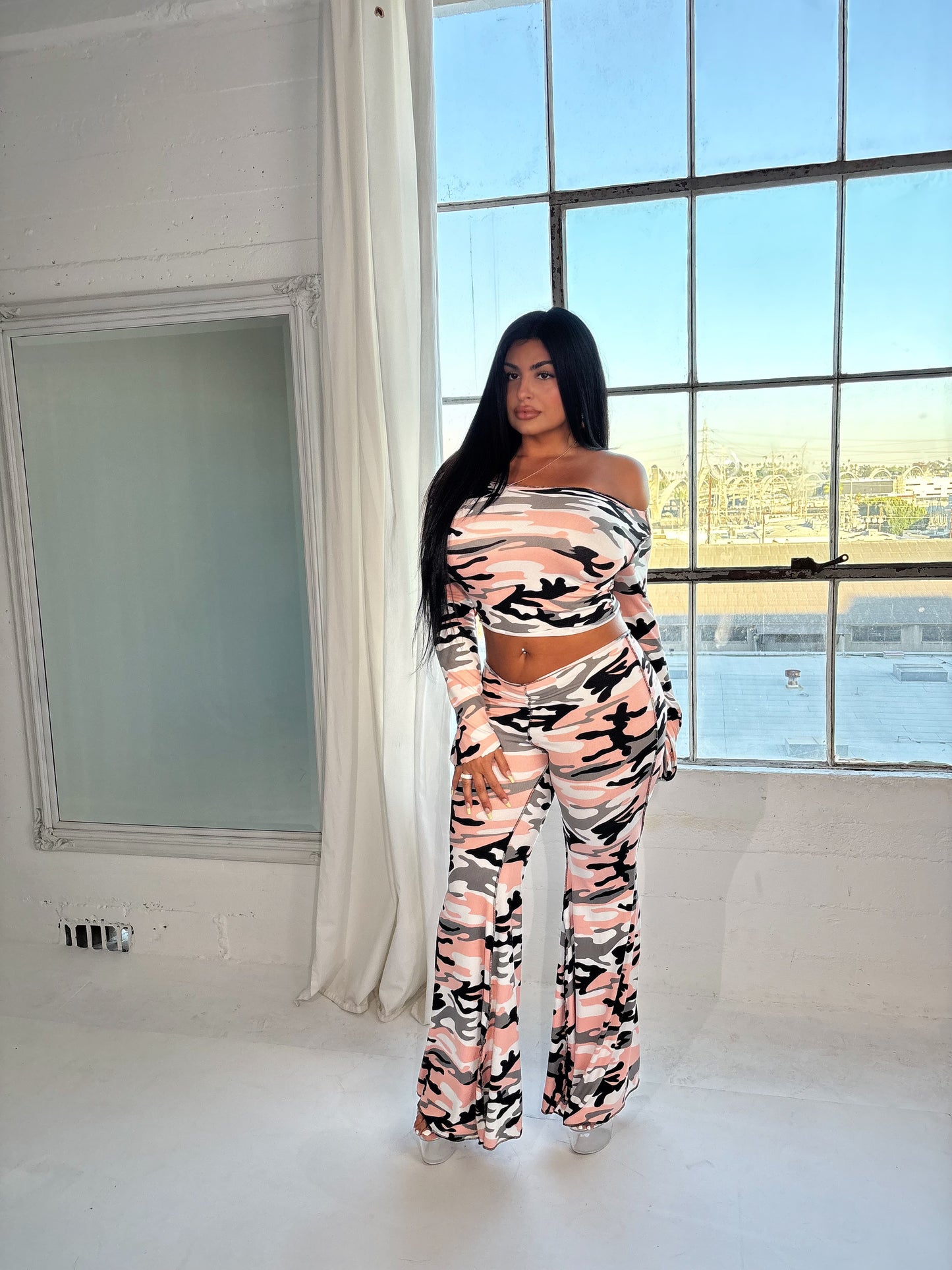 PINK CAMO FLARE PANTS